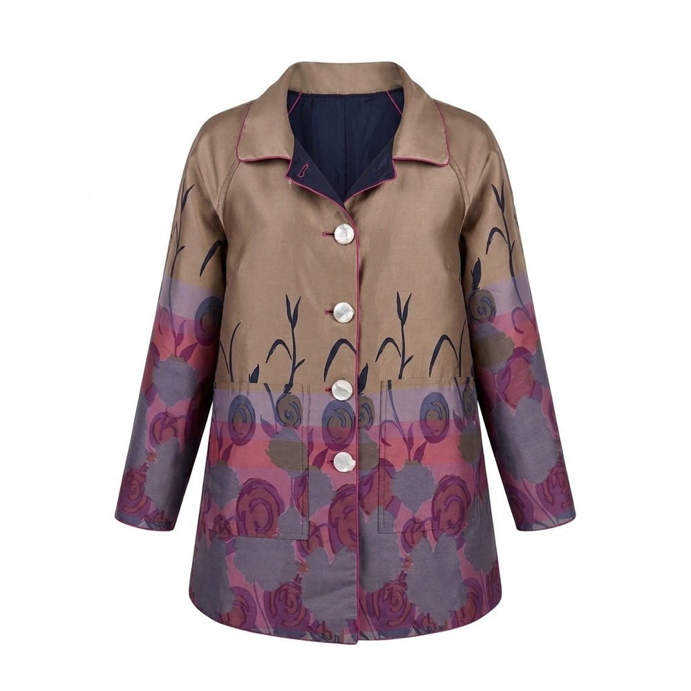 NWOT UBU Reversible Floral Rain Jacket Navy Blue Taupe Button Front PM N0921B - Picture 2 of 9